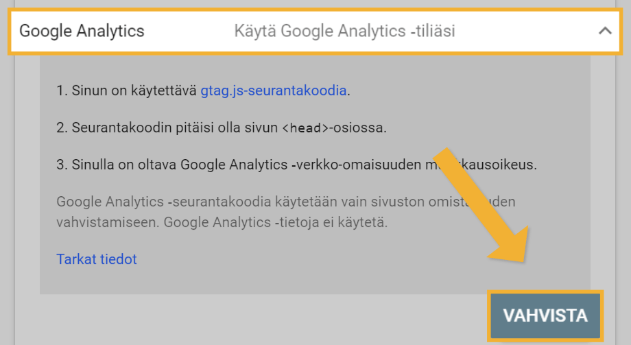 Search Consolen vahvistaminen Google Analyticsilla