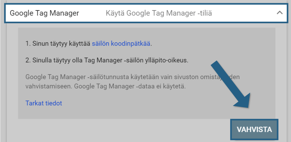 Search Consolen vahvistaminen Google Tag Managerilla