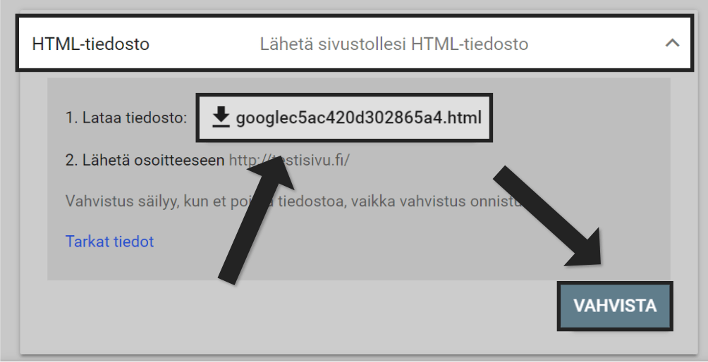 Vahvista Search Console HTML-tiedostolla